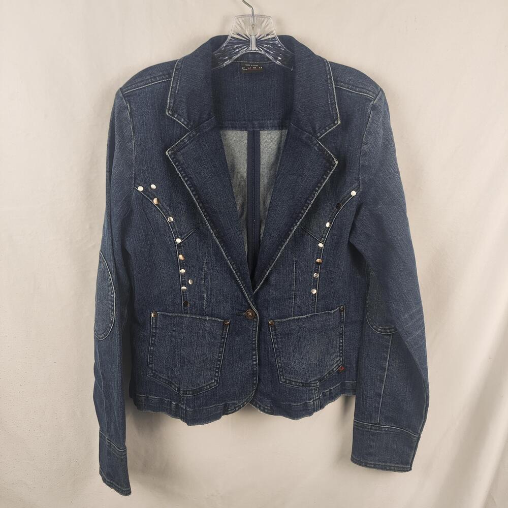 FUBU Blazer Womens Large Blue Denim Studded Button Front Jacket Casual